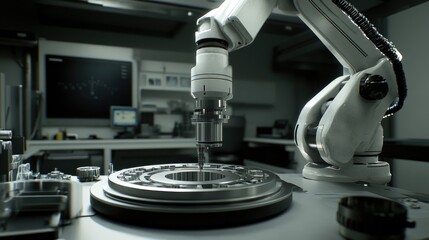 Poster - Multi-axis robotic arm assembling a precision part in an engineering lab, no people