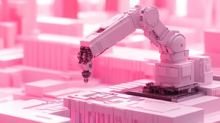 Poster - Multi-axis robotic arm assembling a precision part in an engineering lab, no people