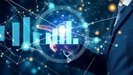 Poster - A man in suit interacts with digital interface displaying bar graphs , networked data points, symbolizing modern business analytics, technological innovation, , future of data-driven decision-making.