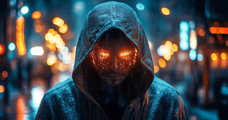 Leinwandbilder - In a dimly lit urban environment, a cybersecurity expert analyzes potential data breaches while rain falls. The scene conveys a sense of urgency amid the glowing lights of the city.