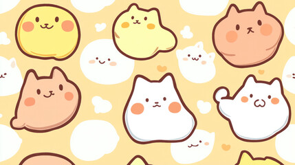 Poster - A cartoon cat drawing with a yellow background. The cats are all different sizes and shapes. Some are smiling, while others are looking sad. Scene is lighthearted and playful