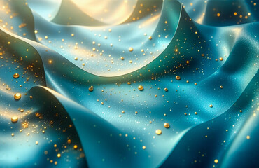 Poster - Elegant blue fabric flows smoothly with golden light and sparkles. Shimmering, luxurious texture with soft waves and subtle highlights creates a dreamy and opulent ambiance.