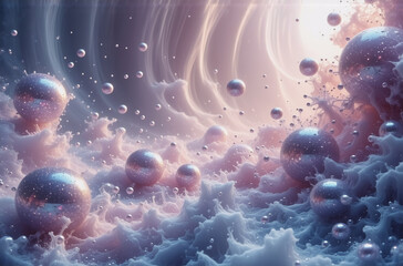 Wall Mural - dreamy pastel scene with spheres floating above soft clouds. ethereal and gentle atmosphere in light