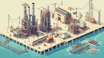 Poster - Power plant layout diagram showing turbines, transformers, and grids, no people