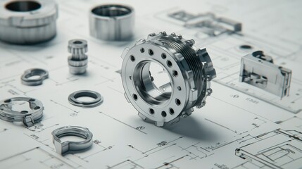 Poster - Precision blueprint showing exploded view of mechanical part with labeled callouts and BOM, no people