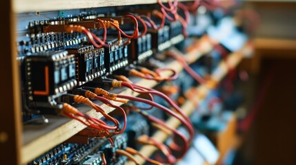 Poster - Relay boards and PLC units mounted on a test rack with wiring neatly arranged, no people