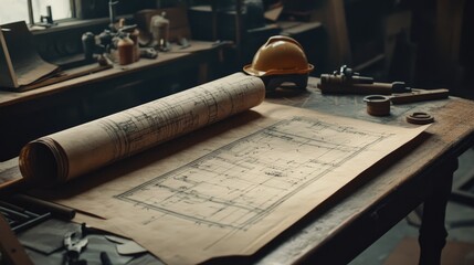 Poster - Rolled engineering blueprints on a drafting table beside measuring tools and a hard hat, symbolizing planning and precision, no people