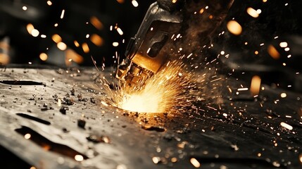 Poster - Robotic welding machine with sparks flying in a modern factory setting, no people