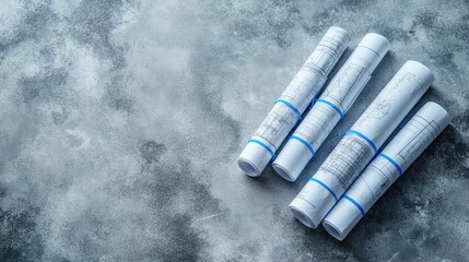 Poster - Set of construction blueprints rolled up and secured with rubber bands, placed on a concrete surface, no people