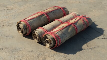 Poster - Set of construction blueprints rolled up and secured with rubber bands, placed on a concrete surface, no people