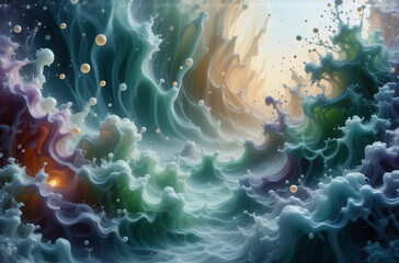 Wall Mural - swirling, vibrant liquid creates an abstract wave effect with floating bubbles. a blend of blues, gr