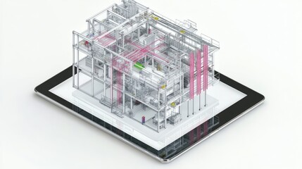 Poster - Stacked engineering textbooks and a digital tablet showing D mechanical model, no people