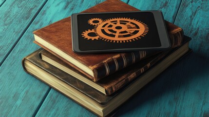 Poster - Stacked engineering textbooks and a digital tablet showing D mechanical model, no people