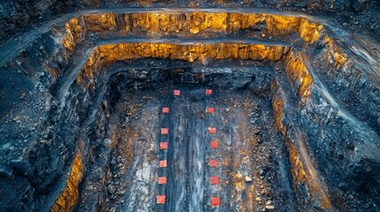 Poster - Heavy machinery and equipment are positioned within a vast quarry, highlighting the multiple layers of rock being excavated for mineral extraction. The site is actively processing materials.