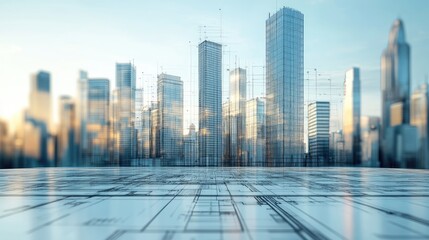 Poster - Table with blueprint showing vertical transportation system in a skyscraper, no people