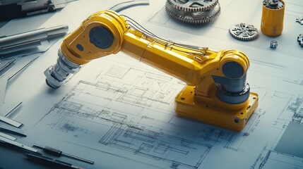 Poster - Technical drawing of robotic arm on blueprint paper with gears and CAD mockups surrounding, no people