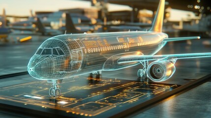 Poster - Transparent display showing aircraft engineering specs and wireframe model, no people