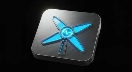 Poster - Metallic Square with Glowing Blue Energy Icon Animation Rendered Detail Design, Futuristic Technology Concept with Pulse Symbol, Isolated on Black Background for Creative Projects