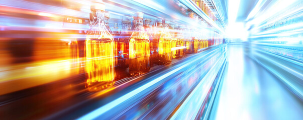 Poster - A blurry image of a store shelf with many bottles of alcohol. The image has a sense of motion and energy, as if the bottles are moving through the store