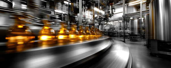 Poster - A blurry image of a factory with a conveyor belt and bottles. Concept of motion and activity, as the bottles are moving along the conveyor belt. The blurry effect adds a dynamic