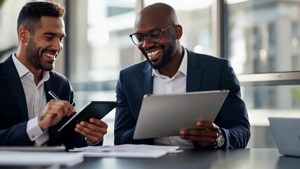 Poster - Two smiling business professionals are collaborating, reviewing documents , data tablets. Set modern office, scene conveys teamwork, innovation, , positive work environment they work together.