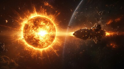 Wall Mural - a spaceship is flying through space with a large sun in the background