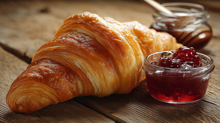 Wall Mural - Fresh croissant with fruit jam on a light wooden background