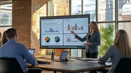 Poster - A business presentation is underway bright modern office setting. A woman is pointing data charts large , presenting group colleagues seated table. The scene highlights collaboration.