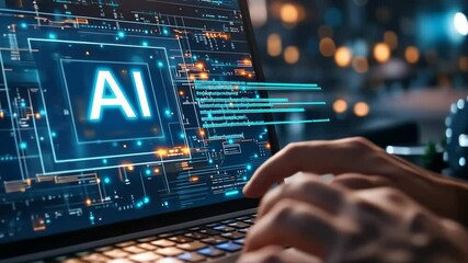 Poster - A laptop screen showcases concept of artificial intelligence with letters 'AI' prominently displayed over digital circuitry. A person's hands typing suggests integration of AI into everyday tasks.