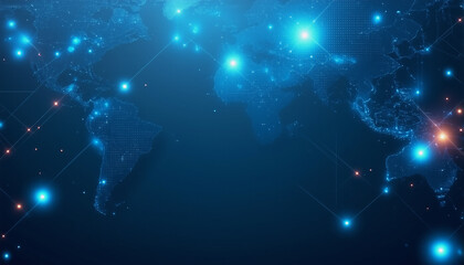 Poster - abstract world map with glowing blue and orange dots connected by lines, resembling a futuristic glo
