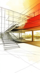 Poster - A drawing of a building with a staircase and a window. The staircase is made of glass and is very tall. The window is large and is located on the side of the building