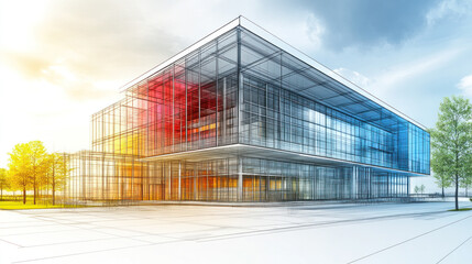 Poster - A large building with a lot of glass windows and a red, blue and yellow color scheme. The building is designed to look like a modern art piece