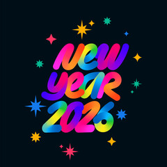 Leinwandbilder - Happy New Year 2026 Background. Vector Greeting Card with Gradient Ribbons and Stars. New Year Party Color Banner