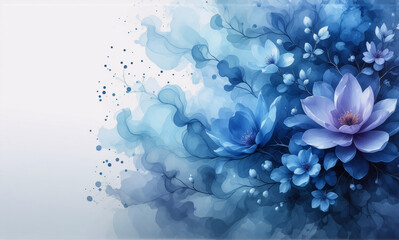 Wall Mural - elegant watercolor floral art in blue and soft purple hues. delicate petals and leaves create a drea
