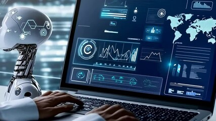 Poster - Close up of a robot and hands typing on a laptop with graphs and map visualizations. The image represents the integration of artificial intelligence with human capabilities in business analysis.