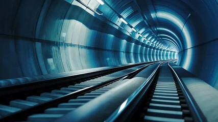 Poster - modern underground tunnel illuminated blue railway tracks create depth and motion in futuristic atmo