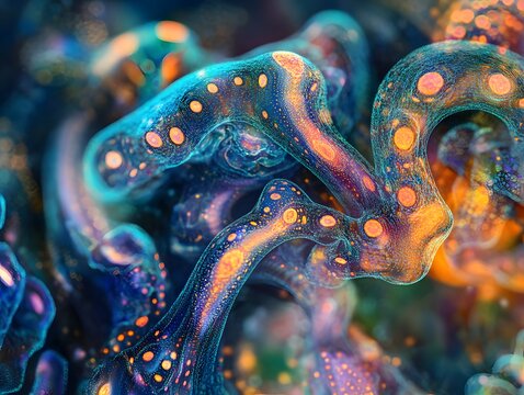 Abstract Organic Structures in Blue and Orange with Luminous Details