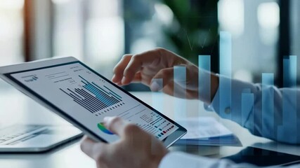 Poster - A professional light blue shirt is analyzing financial data displayed digital tablet. The screen charts , graphs. The workspace includes laptop , other documents, suggesting focused work environment.