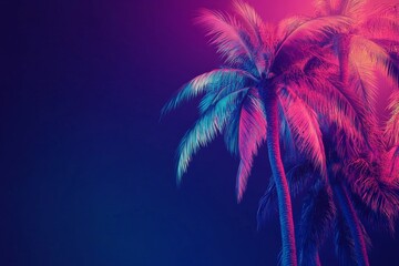 Wall Mural - vibrant palm trees bathed in neon light. tropical, glowing foliage against a dark background