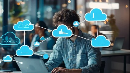 Poster - An individual sits desk using laptop, abstract representation data clouds is imposed, symbolizing digital connectivity , user access. The evokes concepts modern technology , online networking.