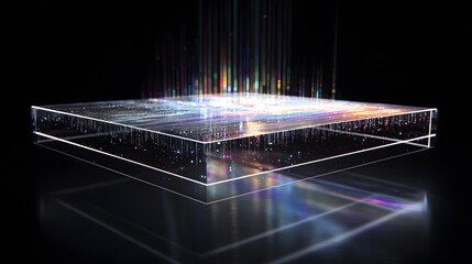 Poster - A transparent cube with colorful light effects on a dark background
