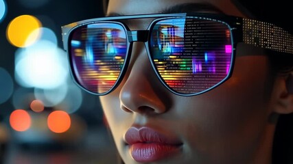 Poster - Close-up of a person wearing cutting-edge augmented reality glasses. The lenses reflect a vibrant display of city lights mixed with lines of digital data, creating a futuristic, immersive experience.