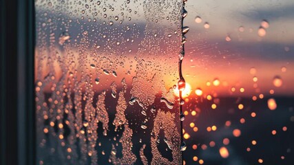 Poster - close-up natural texture of melting ice formations, water droplets, and sunlight on a window pane.