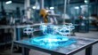 © Photique - Futuristic drone hologram in a high-tech workshop.