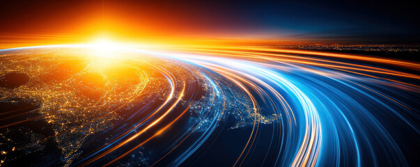 Poster - A colorful, swirling image of a city at night with a bright sun in the background. The sun is casting a warm glow over the city, creating a sense of energy and excitement