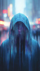 Poster - A person is wearing a hoodie and is surrounded by a blue, pixelated background. The image has a futuristic and somewhat eerie vibe to it