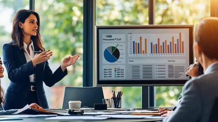 Poster - A woman in a business suit presents financial data charts to her colleagues in a modern office setting with natural light. The scene conveys teamwork, strategic planning, , corporate professionalism.