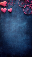 Poster - A blue background with pink hearts and a bicycle. The bicycle is placed on the right side of the image
