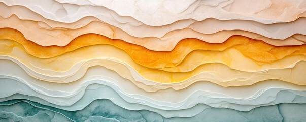 Poster - A series of paper waves with a yellow stripe in the middle. The waves are of different sizes and colors, creating a sense of depth and movement. The yellow stripe adds a pop of color