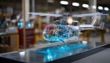 Futuristic holographic helicopter design in a workshop.